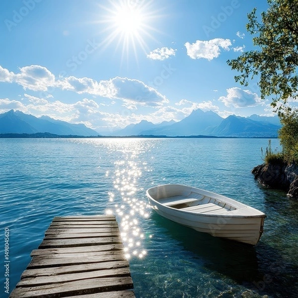Obraz Wooden dock and boat on calm lake