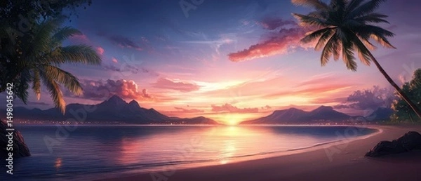 Obraz Tropical beach sunset with palm trees