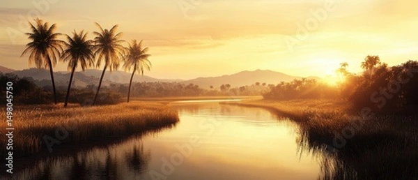 Obraz Tropical river sunset view with palm trees