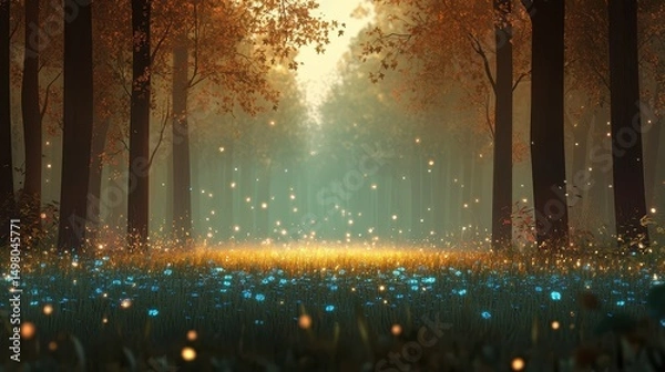 Obraz Enchanted autumn forest with blue flowers