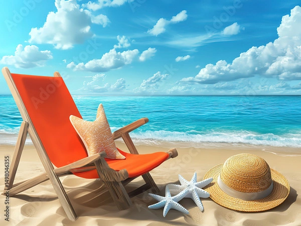 Fototapeta Relaxing Beach Scene with Lounge Chair and Starfish