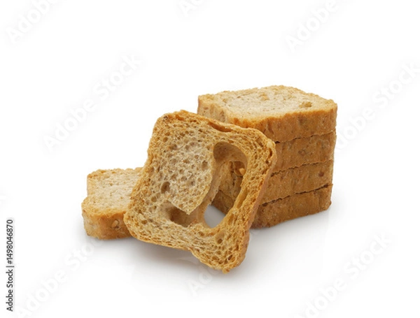 Fototapeta Whole wheat mini toasts, toasted slices of bread or rusks isolated on white background	