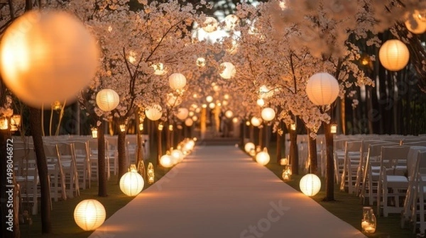 Obraz Wedding aisle with lanterns and white trees