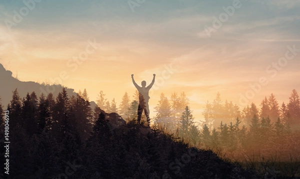Fototapeta Man on a mountain forrest nature setting.  Freedom feeling good and travel holiday adventure concept.