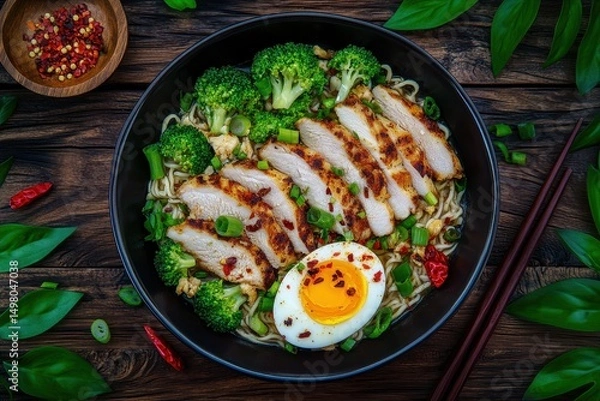 Obraz Chicken and broccoli ramen bowl