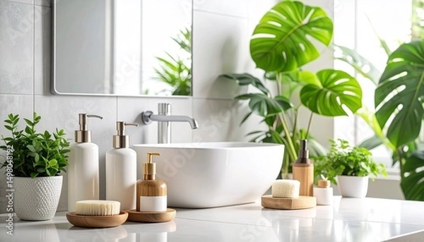 Fototapeta Modern Bathroom Design with Lush Greenery and Minimalist Decor