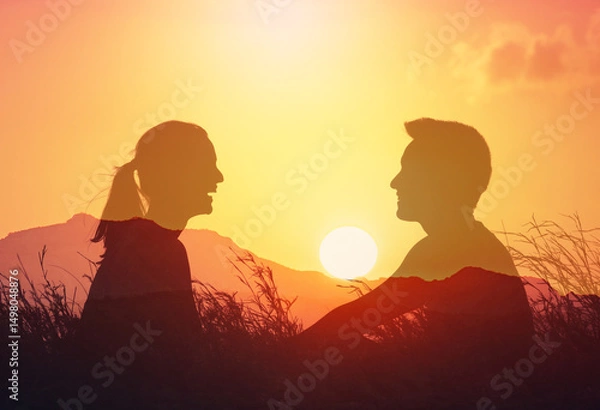 Obraz Happy couple in nature laughing talking smiling enjoying life and summer, nature, happiness, people in a happy state of mind 