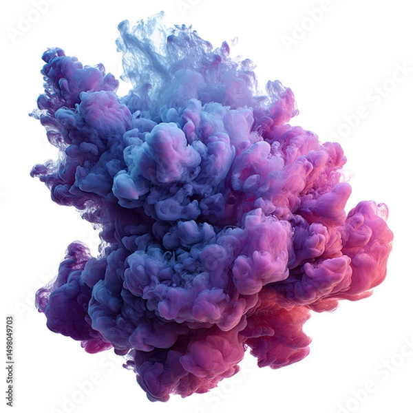Fototapeta A vibrant, abstract cloud of purple, blue, and white ink swirling and expanding against a black background, creating a dynamic and ethereal visual effect