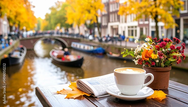 Fototapeta An AI generated image of a cafe along a canal in Amsterdam, with a coffee mug on the table 