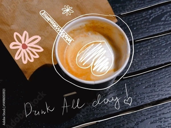Obraz Minimalist coffee cup with hand-drawn illustrations 