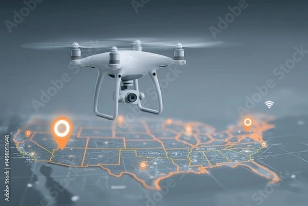 Obraz A drone hovers above a detailed map of the United States, showcasing geolocation markers and connectivity signals. The technology highlights modern navigation and mapping capabilities.