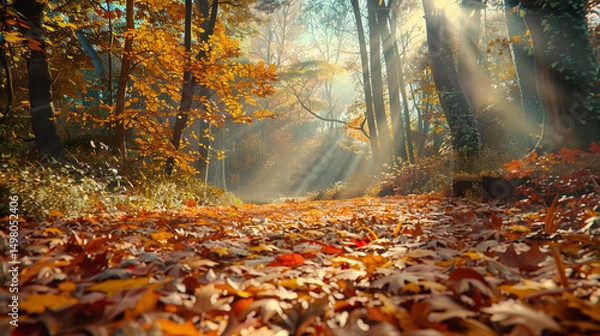 Fototapeta autumn park alley with colorful fallen leaves