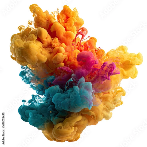 Fototapeta Abstract image of vibrant, swirling colors of yellow, orange, pink, and teal ink creating a cloud-like, dynamic form against a black background