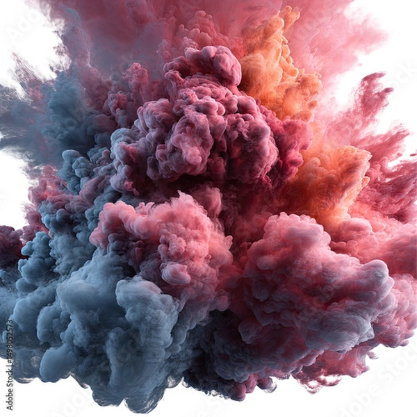 Obraz An abstract image of a vibrant, swirling cloud of pink, orange, and gray smoke, resembling a cosmic explosion or nebula.  The colors blend and contrast, creating a dynamic and textured effect