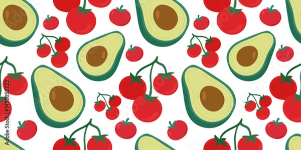 Fototapeta Vegetables pattern with avocado halves and red tomatoes including cherry tomatoes on vine, perfect for healthy food packaging, vegan branding, kitchen textiles, salad recipes.