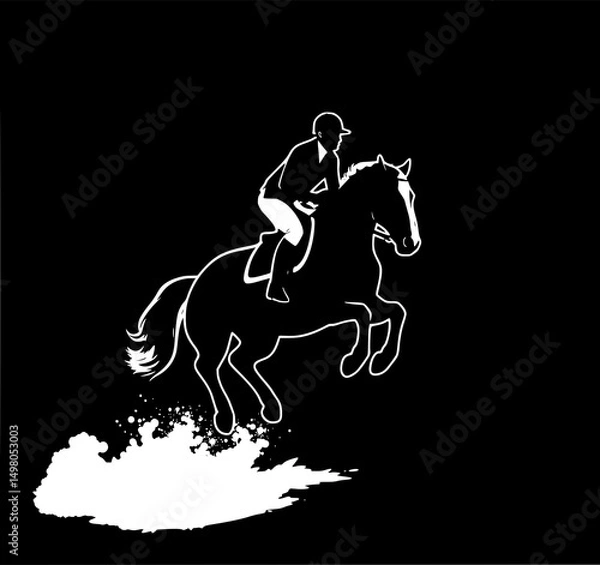Fototapeta Equestrian Skill Silhouette: A dynamic illustration shows a rider skillfully navigating their horse over an obstacle, embodying the grace and strength of equestrianism. 