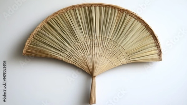 Fototapeta A natural straw hand fan with woven details on a light neutral background.