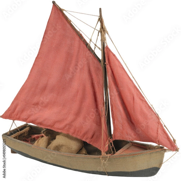 Fototapeta A weathered, miniature sailboat model with a faded salmon-pink sail,  wooden hull, and burlap sacks inside, suggesting age and possible use as a toy or display piece