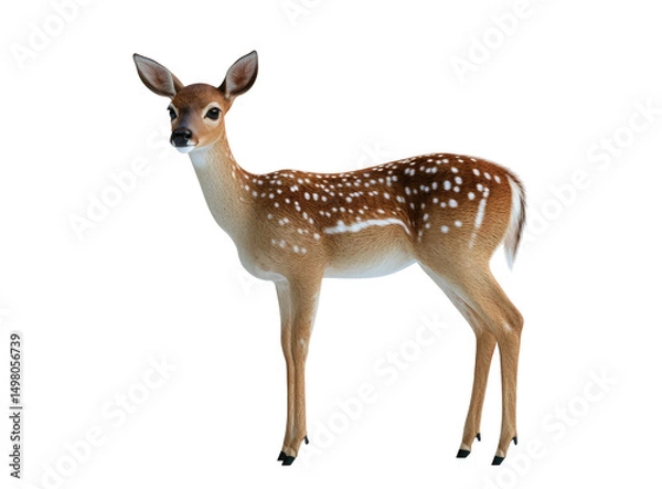 Fototapeta A young fawn, light brown with white spots, stands against a black background.  Its ears are erect, and it looks directly at the viewer. The image is sharply focused, showing fine detail in its fur