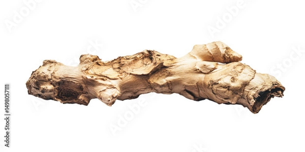 Fototapeta Close-up of a single piece of dried ginger root, exhibiting its irregular, knobbly texture and light beige coloration against a black background