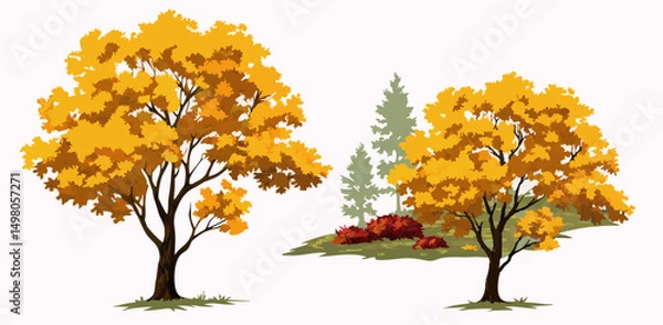 Fototapeta Autumn Trees Illustration: Two Golden Trees and Red Bushes