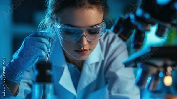 Obraz Woman scientist doing research in lab with microscope in cool blue lighting.