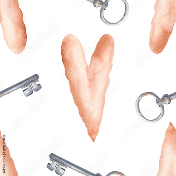 Fototapeta Watercolor background with symbols of love. Seamless watercolor pattern with fancy hearts and iron keys on a white background. Valentine's day. Wedding, wrapping paper, packaging.