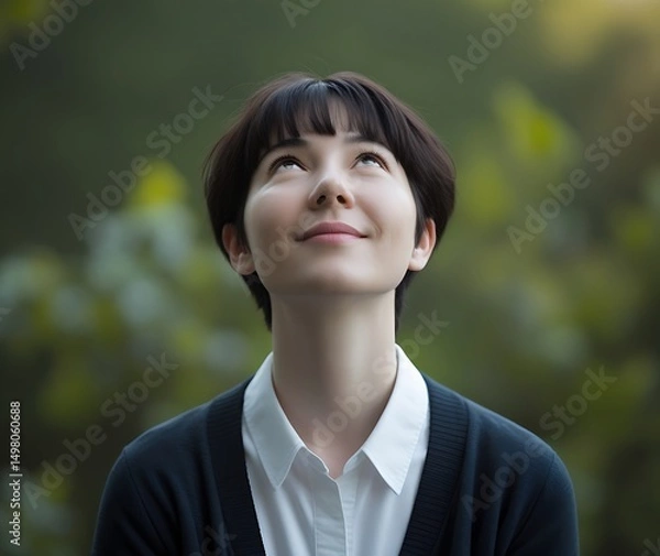 Fototapeta A Gaze Full of Hope with a Smile Looking Up at the Sky