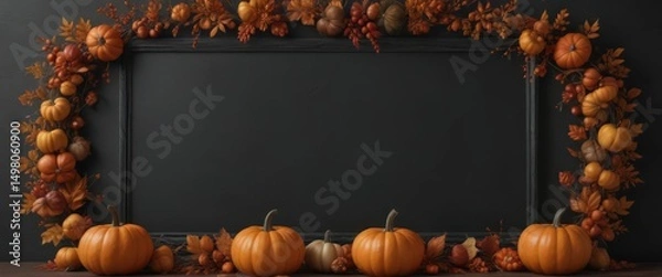 Fototapeta Elegant black chalkboard frame, meticulously arranged pumpkins, autumn leaves creating a symmetrical design ,  still life,  pumpkin spice