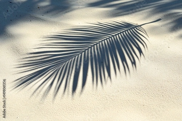Fototapeta Serene Shadow of a Palm Frond Cast Upon Pristine White Sand, Evoking Tropical Relaxation and Summer Vacation Dreams on a Sunny Beach Paradise.