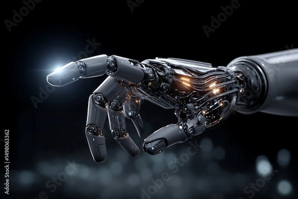 Fototapeta Close-up of a robotic hand with visible sensors and wires interacting with a digital touch interface in studio lighting,