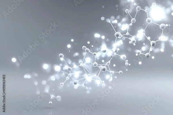 Fototapeta Cluster of light molecular nodes softly glowing in bottom center on light gray solid backdrop with empty space,