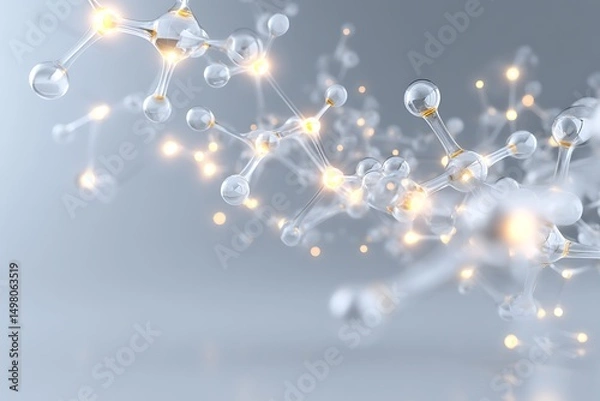 Fototapeta Cluster of light molecular nodes softly glowing in bottom center on light gray solid backdrop with empty space,