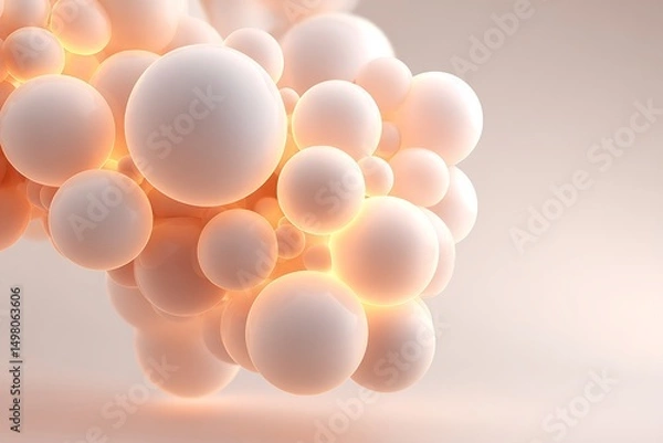 Fototapeta Cluster of molecular spheres softly glowing near bottom right on soft cream solid background with spacious layout,