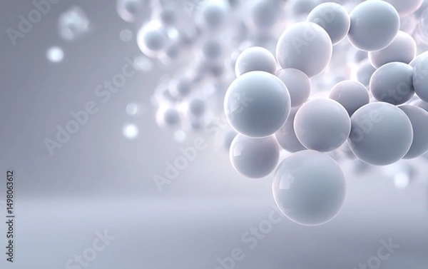 Fototapeta Cluster of molecule spheres floating in lower corner on soft gray-to-white background with negative space,