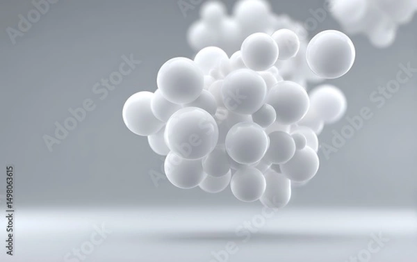 Fototapeta Cluster of molecule spheres floating in lower corner on soft gray-to-white background with negative space,