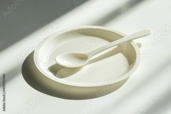Fototapeta Minimalist Still Life A Single White Disposable Plate and Spoon Bathed in Sunlight, Creating a Serene and Elegant Table Setting Perfect for Clean and Simple Design Concepts.