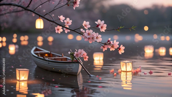 Fototapeta Romantic spring lake view featuring glowing lanterns, a docked boat, and soft pink cherry blossoms