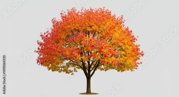 Obraz Autumn Tree in Vibrant Colors - Single deciduous tree with red and yellow autumn leaves against a light gray background. Perfect for fall themes