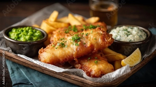 Fototapeta Classic fish and chips served with peas and tartar