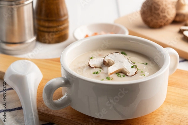Fototapeta Creamy mushroom soup with Shiitake in ceramic bowl.