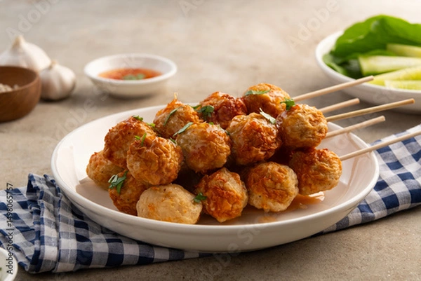 Fototapeta Air fryer cooked Thai Pork meatballs on skewers on white plate with chilli sauce.