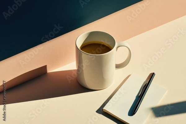 Fototapeta Minimalist coffee cup and notepad on pastel desk background, creative workspace concept