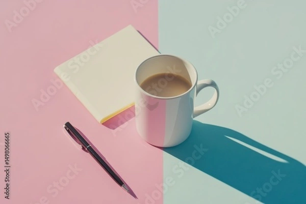 Fototapeta Minimalist coffee cup and notepad on pastel desk background, creative workspace concept