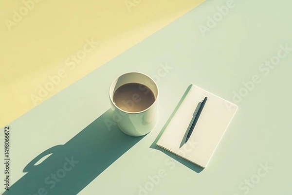 Fototapeta Minimalist coffee cup and notepad on pastel desk background, creative workspace concept