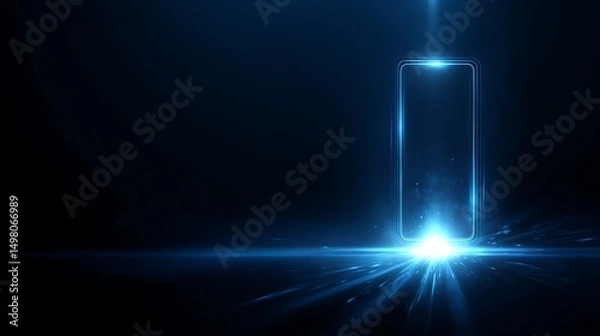 Fototapeta Glowing biometric scanner interface isolated on dark navy blue background with wide copy space area,