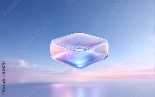 Fototapeta Holographic data node floating lower-left on pastel sky blue gradient background with clean negative space,