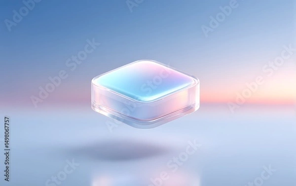 Fototapeta Holographic data node floating lower-left on pastel sky blue gradient background with clean negative space,