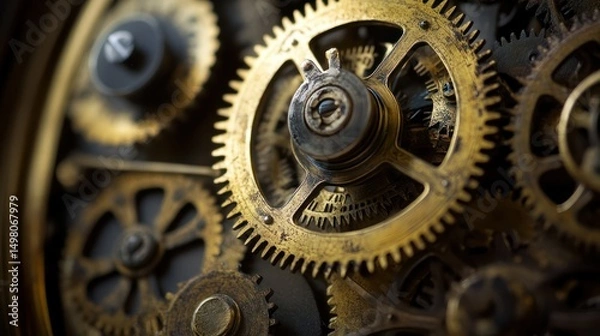 Obraz A macro shot of intricate clockwork gears and cogs in gold and dark tones.
