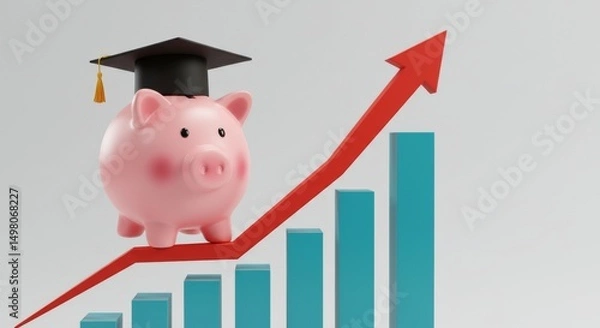 Obraz Education Investment Growth - Piggy bank with graduation cap on upward trending bar graph, symbolizing increasing education costs and investment returns